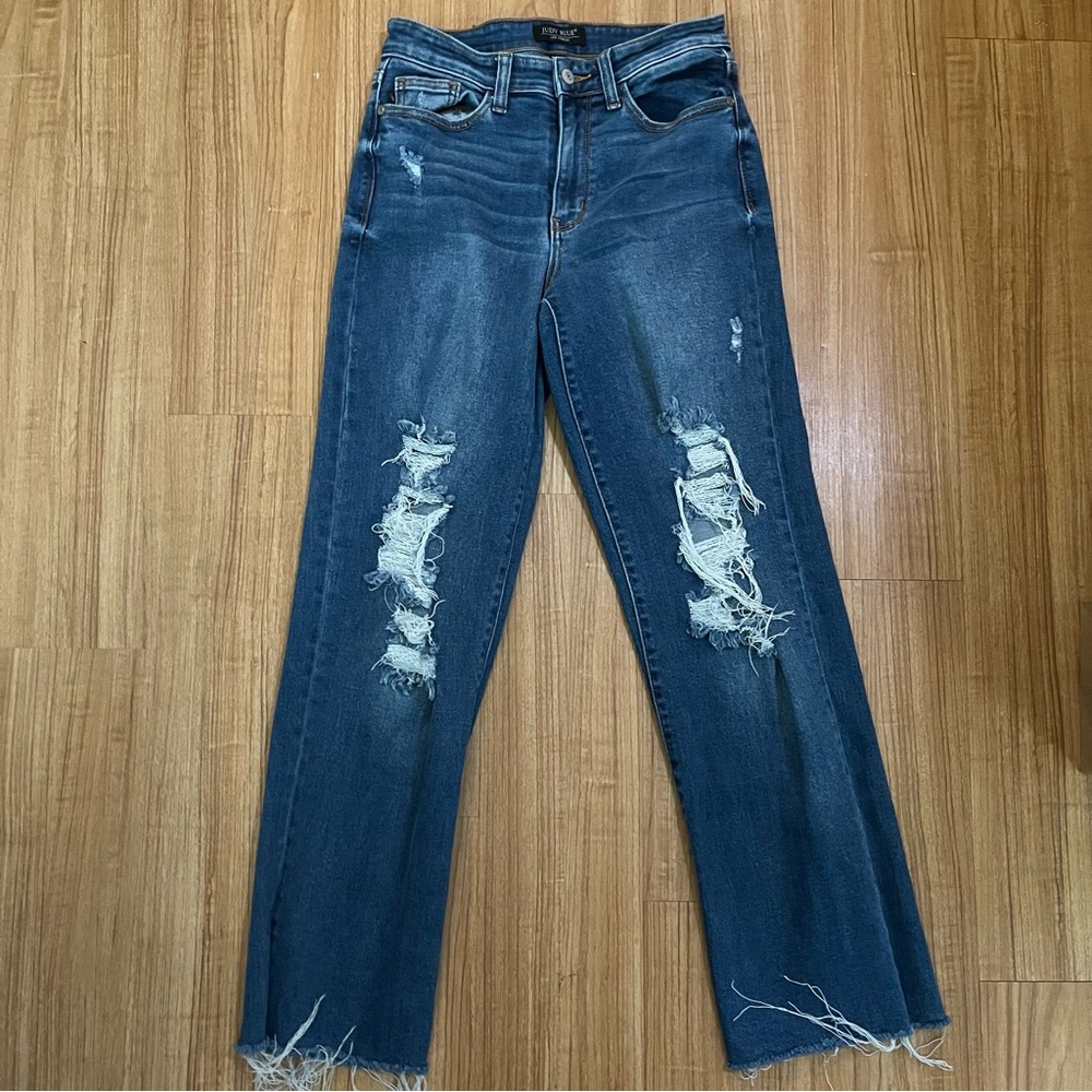 Judy Blue Dark Blue Distressed Straight Leg Jeans